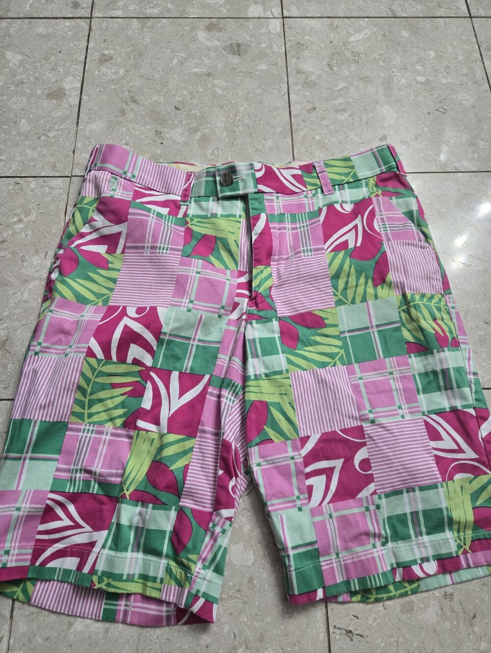Men's Loudmouth Mint Julep Pink Green Patchwork Shorts - 32